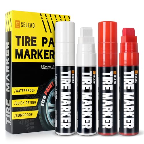 SELEAD Jumbo Tire Marker White Red - 4 Pack 15mm Wide Tip Paint Pens for Car Tires Lettering Large Capacity Premium Ink Waterproof Permanent Markers