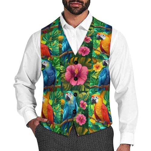 Parrot Hibiscus Men's Suit Vests Business Formal Dress Vest V-Neck Waistcoat for Wedding Casual