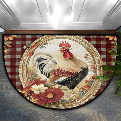 Image of Half Round Door Mat Vintage Plaid Rooster Chicken Non-Slip Semi Circle Area Rug Washable Half Moon Hearth Rugs for Indoor Outdoor Bathroom Kitchen Patio Runner Mat Laundry Room Home Decoration