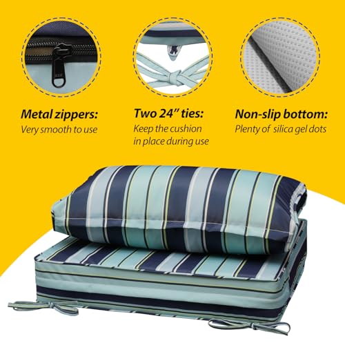 Image of AAAAAcessories Outdoor Seat Cushions for Chairs, Fade-Resistant, Waterproof Patio Furniture Replacement Cushions, 25.5 inch x 25.5 inch x 5 inch + 25.5 inch x 13.5 inch, Set of 2, Ash Teal Seaside Stripe