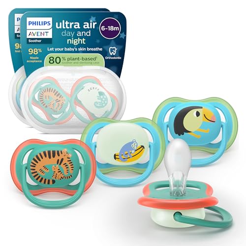 Philips Avent chupetes ultra air para día y noche: diseño anatómico, para bebés de 6 a 18 meses, modelo que brilla en la oscuridad, tetina simétrica de silicona suave, sin BPA, paquete de 4,SCF087/27