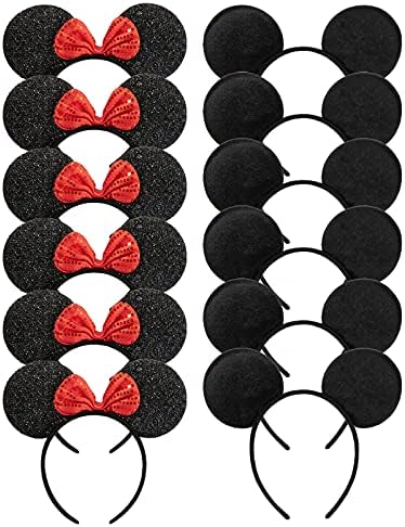 CHuangQi Mouse Ears Headband for Boys and Girls Birthday Party or Celebrations, Solid Black and Red Bow, Pack of 12