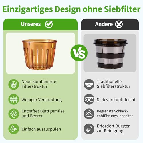 AIRMSEN Slow Juicer, Entsafter Gemüse und Obst mit 82mm Großem Einfüllöffnung für ganze Früchte entsaften, Max 450W BPA freie Cold Press Juicer Machine mit 2 Behälter und Bürste - Schwarz – Bild 4