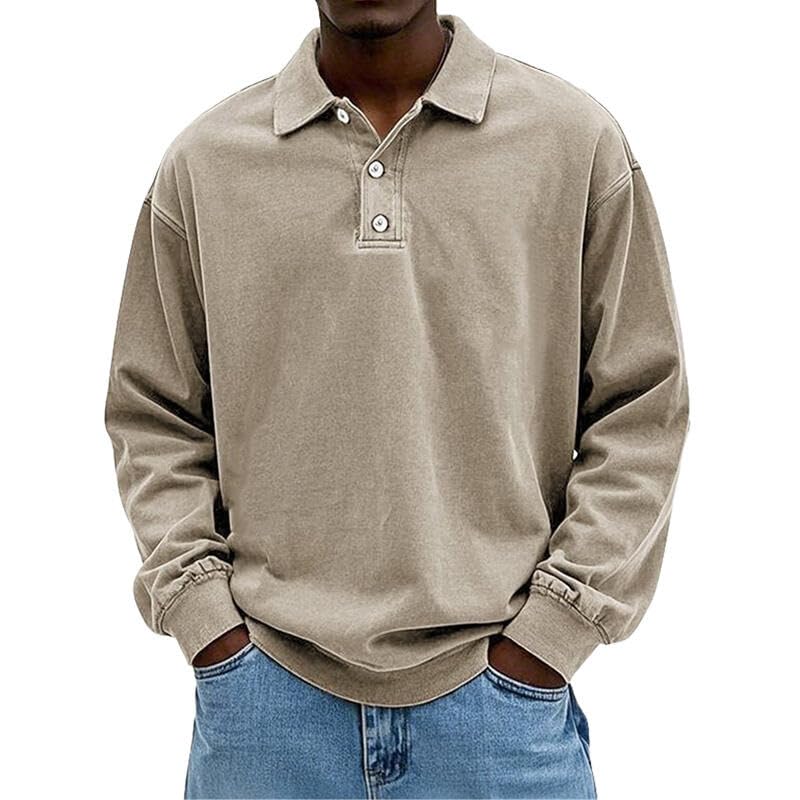 Mens Polo Shirts Long Sleeve Vintage Loose Fit Button Up Casual Solid Fashion Pullover Sweatshirt