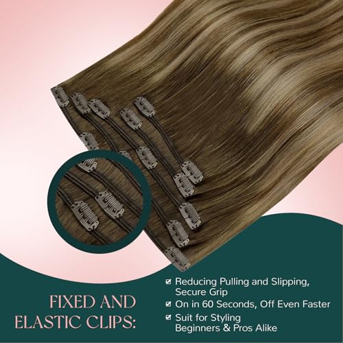 Image of Easyouth Clip in Extensions Real Human Hair Balayage Natural Hair Extensions Clip ins Dark Brown Fading to Caramel Blonde Mix Brown Clips in Real Hair Extension for Women 5Pcs 80g 16 Inch