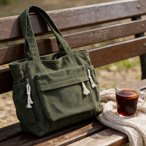 Bolso Tote grande de pana verde para mujer miniatura 6