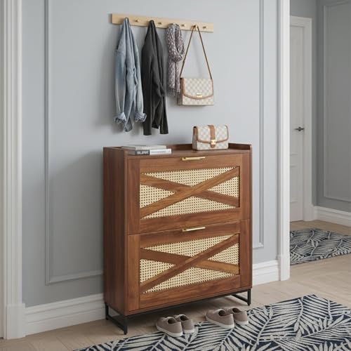 Image of The Artment your artistic apartment Raya Shoe Cabinet with Natural Rattan Weave, Warm Oak Finish, Slim Entryway Shoe Storage for 8 to 14 Pairs, Modern Rustic Japandi Organizer with Metal Base