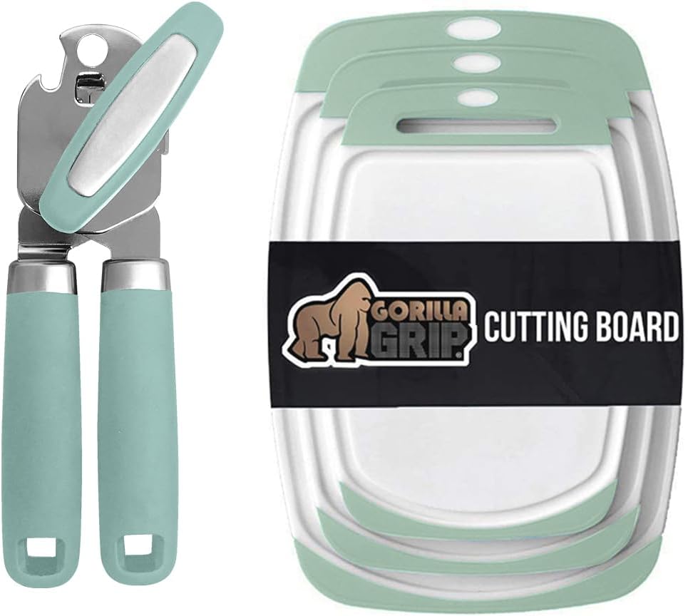 Gorilla Grip Manual Can Opener and Cutting Board Set of 3, Can Opener is Heavy Duty Stainless Steel, Cutting Boards Are 100% BPA Free and Reversible, Both in Mint Color, 2 Item Bundle