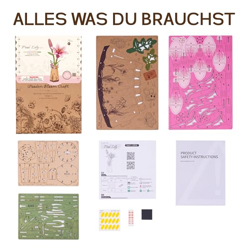ROBOTIME 3D Holz Blumen Puzzle Rosa Lilie, Modellbausätze für Erwachsene zum Zusammenbauen, künstliche Ewige Blüten, DIY Bastelset… – Ansicht 7