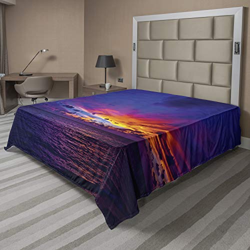 Ambesonne Ocean Flat Sheet, Dreamlike Sunset in The Ocean Aurora Borealis Beyond Pacific Sea Atmosphere Photo, Soft Comfortable Top Sheet Decorative Bedding 1 Piece, Queen Size, Purple Blue