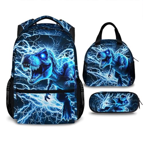 Dinosaur Backpack for Boys, Set of 3 Kids Lighting Bookbag Gift for Kindergarten Preschool Primary, 17 Inch Lightweight Cool Personalized Backpacks for School