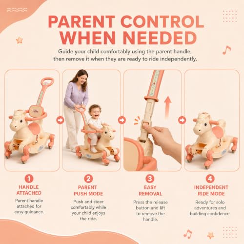 Image of 3 in 1 Baby Horse Rider for Kids 1-5 Years with Parent Handle, Rocking Horse, Ride On Toy, 360 Safety Guard, Music, Swivel Wheels, Backrest, Baby Ride On for Boys & Girls (Cream)