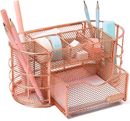 Rosework Rose Gold Desk Organizer - Pen Holder For Desk, All In One Mesh Desk Organizer, Comes with Desk Drawer, Pen Holder and Pencil Holder, Great For Home Office And Rose Gold Desk Accessories