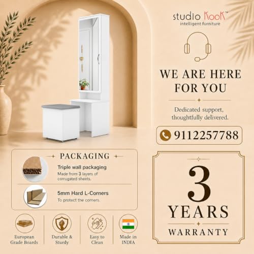 Image of Studio Kook Berry Dressing Table with Mirror & Stool, Moonshine White | Engineered wood unit with a 109 x 40 cm mirror, concealed shelves and cushioned storage stool on castors. Height: 179 cm.