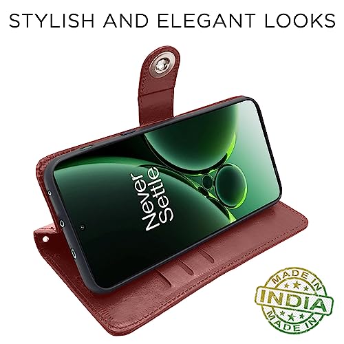 Image of Pikkme OnePlus Nord 3 5G Flip Cover Leather Finish | Inside TPU with Card Pockets | Wallet Stand and Shock Proof | Complete Protection Button Flip Case (Brown)