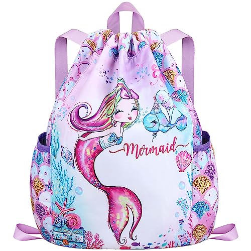RHCPFOVR Drawstring Backpack for Kids - Mermaid Bags for Girls Mini Gym Dance Beach Swim Travel Bag With Two Water Bottle Holder
