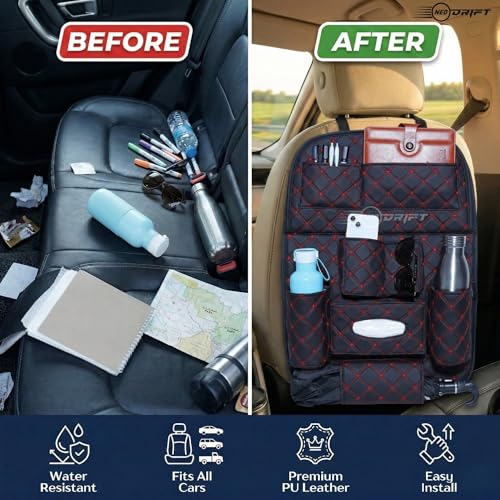 Image of Neodrift 'Seat Master' Premium 7D Car Seat Organizer With Folding Meal Tray, Universal Fit & Stylish Interior, Multipocket Storage for Bottles, Mobile, Keys and Documents & Tissues (Color: Black-Red)