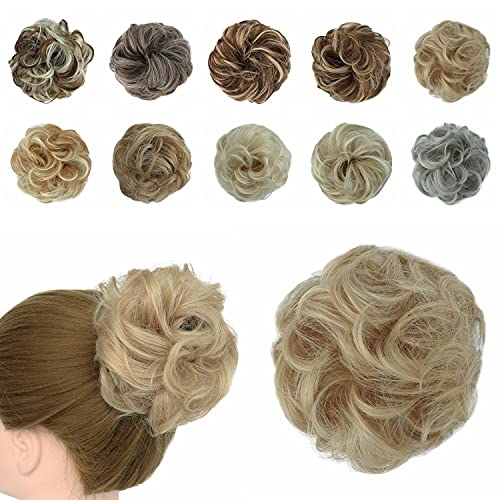 Messy Hair Bun Scrunchies Wavy Curly Synthetic Hair Extensions Donut Chigons Updo Hairpieces (Honey Blonde mix Blonde, 24/613)