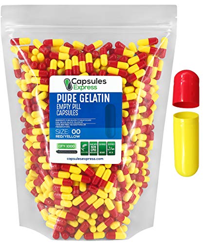 Capsules Express- Size 00 Red and Yellow Empty Gelatin Capsules 1000 Count - Kosher and Halal - Pure Gelatin Pill Capsule - DIY Powder Filling