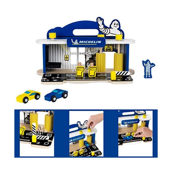 Theo Klein 3403 MICHELIN Service Station with 2 Cars , Wood I Incl Lifting Platform and Fuel Pumps I Compatible with… – Bild 3