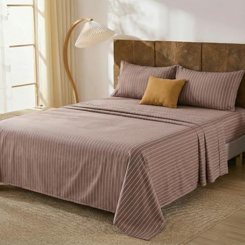 Image of Merryword Brown Pinstripe Sheet Set Queen Size - 100% Cotton Striped Bedding 4 Pieces, Soft Breathable Percale Weave, 17.5 inch Deep Pocket, Luxury Linen Like, All Season Comfort