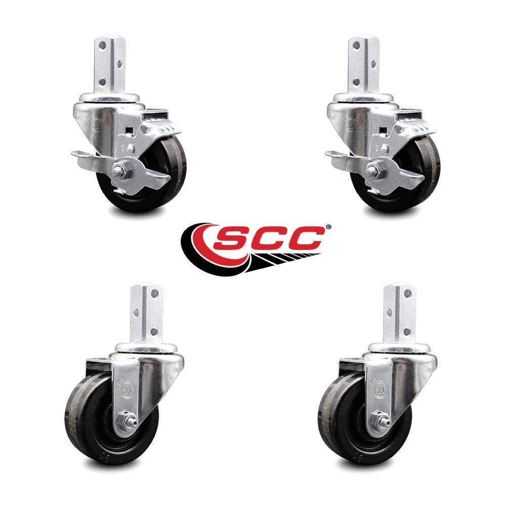 Swivel Square Stem Caster Set 4 w/3” x 1.25” Black Phenolic Wheel - 7/8” x 2” Square Stem with (3) 17/64” Diameter Mounting Holes-Includes 2 Top Lock Brakes-1200lbs. Cpty/Caster - Service Caster Brand