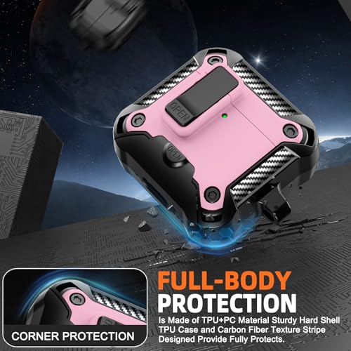 Image of for AirPods 4 Case with Lock & Phone Stand(Pink) | Automatic Snap Switch Lock,Carbon Fiber Texture Design Cover with Cleaner Kit