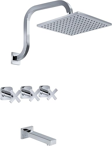 PHASAT PU4D02 - Grifo de ducha de 3 manijas, grifo de bañera y ducha con mango de 3 cruces y cabezal de ducha de 9 pulgadas, boquilla de cascada,