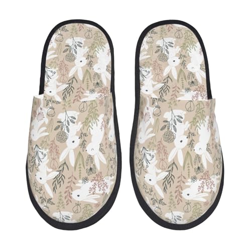 Retro Bunny Flower Print Women Slippers Home Furry Shoes Keep Men Couples Shoes Warm For Women-