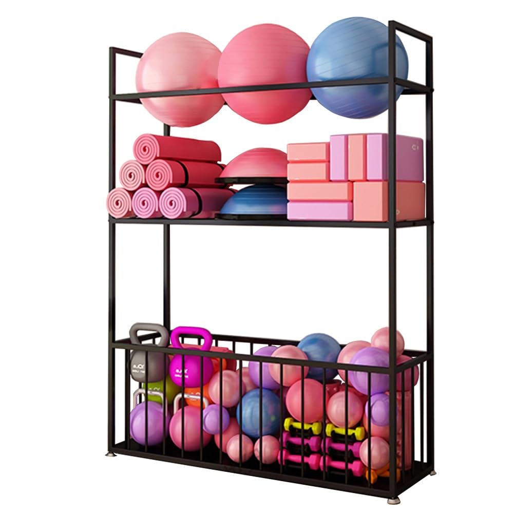 Soporte para Esterilla de Yoga, Soporte de Pesas de Acero para Gimnasio en casa, Organizador de Almacenamiento Multicapa con cestas para Rodillos de Espuma, Bloques de Yoga, Mancuernas y Acc