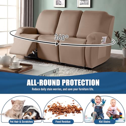 Image of TAOCOCO Recliner Sofa Slipcover, 3 Pieces Polyester Fabric Stretch Sofa Covers for 3 Seat Reclining Couch, Soft Washable Furniture Protector with Pockets (3 Seat, Khaki)