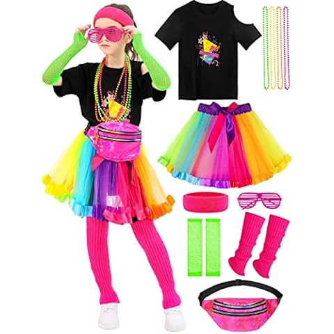 SOMSOC 13 Pieces Kids 80s Costume Accessories Set Girl's 80s Cosplay T-shirt Tutu Outfit Headband Necklace Gloves Leg Warmer Cover