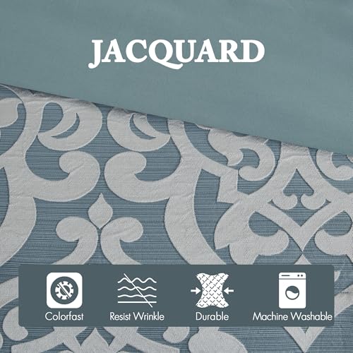 Image of Madison Park Modern Jacquard Damask Medallion Comforter Set, 8PC King | All Season Down Alternative Bedding with Comforter, Shams, Bed Skirt, Decorative Pillows, Aqua