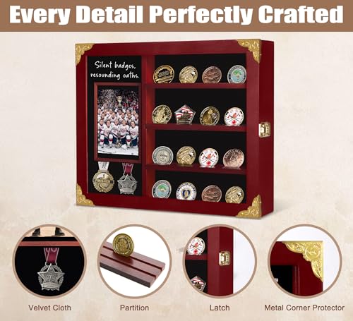 Image of Challenge Coin Display Case Wall Mount with Light, Removable Shelves and Picture Frame for Honor Military Coin Holder, Memorial Gift for Veterans Men Collectors (Reddish Brown)