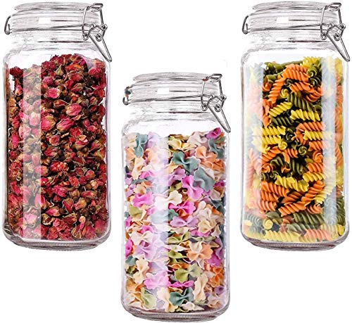 MOHENA Airtight Glass Canister Set of 3 with Lids 78oz Food Storage Jar Square - Storage Container with Clear Preserving Seal Wire Clip Fastening for Kitchen Canning CerealPastaSugarBeansSpice