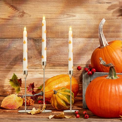 Image of Fall Decor LED Taper Candles with Remote Control & Timer Function, Embossed Autumn Maple Leaf Design Flameless Taper Candles for Home Party Autumn Decorations, Set of 2