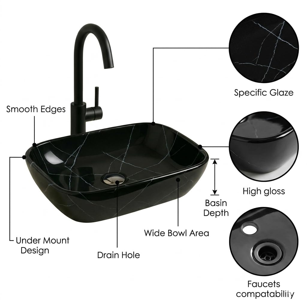 Vivatra Ceramic Tabletop Wash Basin β Glossy Rectangular Countertop Vessel Sink with Marble Finish for Bathroom & Vanity | Compact 18 x 13 x 5 Inch | Elegant Washbasin (VT_WB_LC01_024) 1
