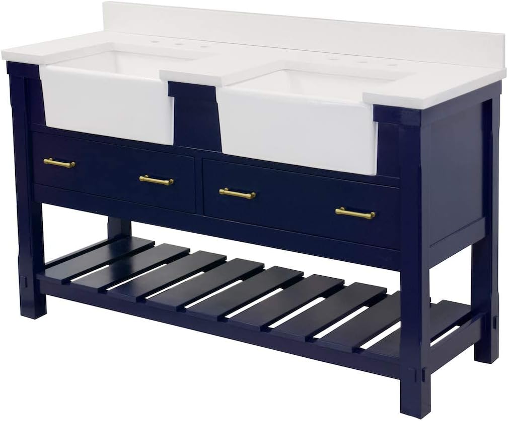 Kitchen Bath Collection Charlotte 60-inch Double Bathroom Vanity (Quartz/Royal Blue): Includes Royal Blue Cabinet with Stunning Quartz Countertop and White Ceramic Farmhouse Apron Sinks