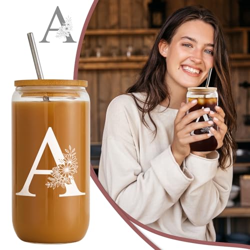 Initial-Glass-Cup-16oz-Monogrammed-Gifts-for-Women-Glass-Can-Cup-wBamboo-Lid-StrawPersonalized-Valentines-Mother-Day-Birthday-Gifts-for-Women-Mom-Wife-Girlfriend-Sister-Friends-A