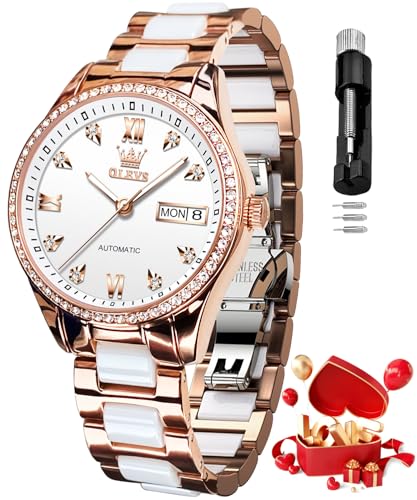 OLEVS Automatische Armbanduhr für Damen, selbstaufziehend, Diamant-Armbanduhr für Damen, Luxus-Dress-Uhr in Roségold, Keramik-Uhr für Damen, Liebesherz-Datum, Armband