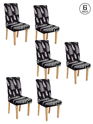 Image of Cortina Dining Chair Slipcovers | Protection Chair Covers | Leaf Print, Removable, Washable | Universal Fit Super Soft Stretchy Polyester Spandex | Hotel, Marriage, Wedding | Pack of 6, Black 1