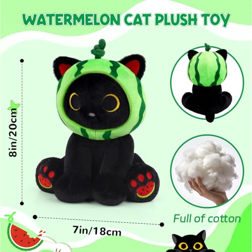 Image of Cat Plush Toys- 8inch Cute Stuffed Cat with Removable Fruit Hood | Soft Kawaii Watermelon Stuffed Animal for Girls, Boys, Birthday Gift for Kids & Adults