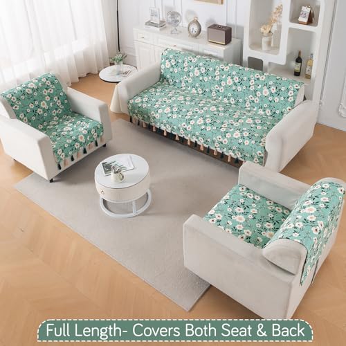 Image of HOKIPO Printed Holland Velvet Sofa Cover 5 Seater Set - Washable 3+1+1 Sofa Cover with Tassel | Full Protection for Sofa Seat and Back | 'Whispers of Nature' | Sage Floral Vine (IN-1127+1125-D8*2)
