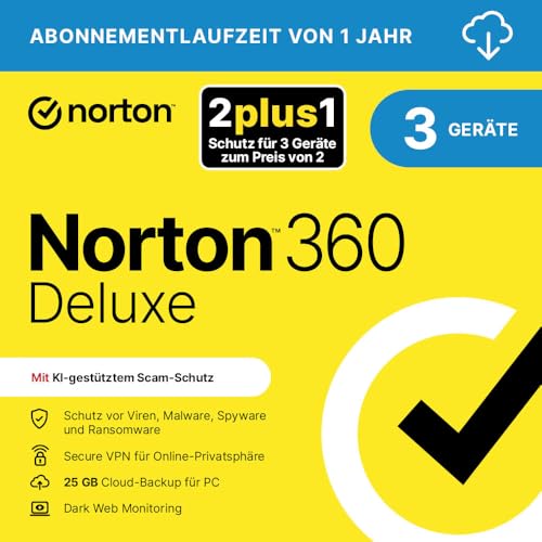 Norton 360 Deluxe 2026 2plus1 | 3 Geräte| 1 Jahr | Aktivierungscode per Email
