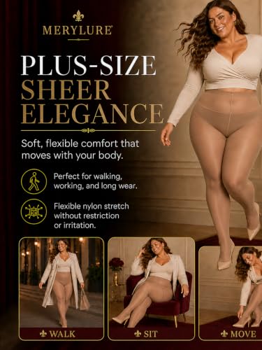 Image of MERYLURE Plus Size Sheer Tights for Women,20D Control Top Pantyhose Reinforced Toes High Waist Stockings 3 Pairs 1XL-6XL