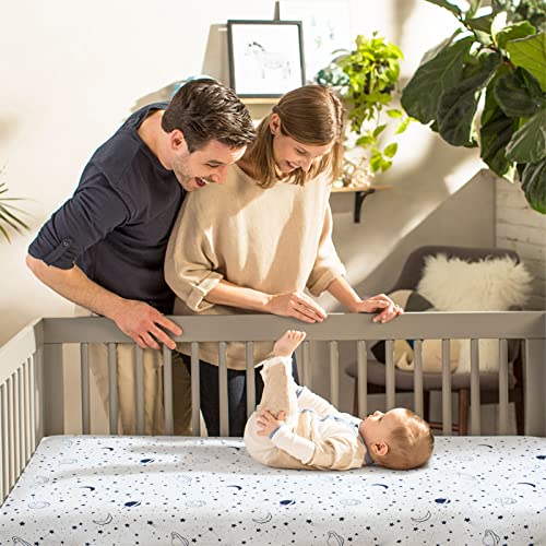Image of JISEN Baby Crib Sheet 1 Piece Portable Fitted Crib Sheet for Standard Crib and Toddler Mattresses Nursery Bed Decor for Boys Girls 28x52 Inch Stars Planets