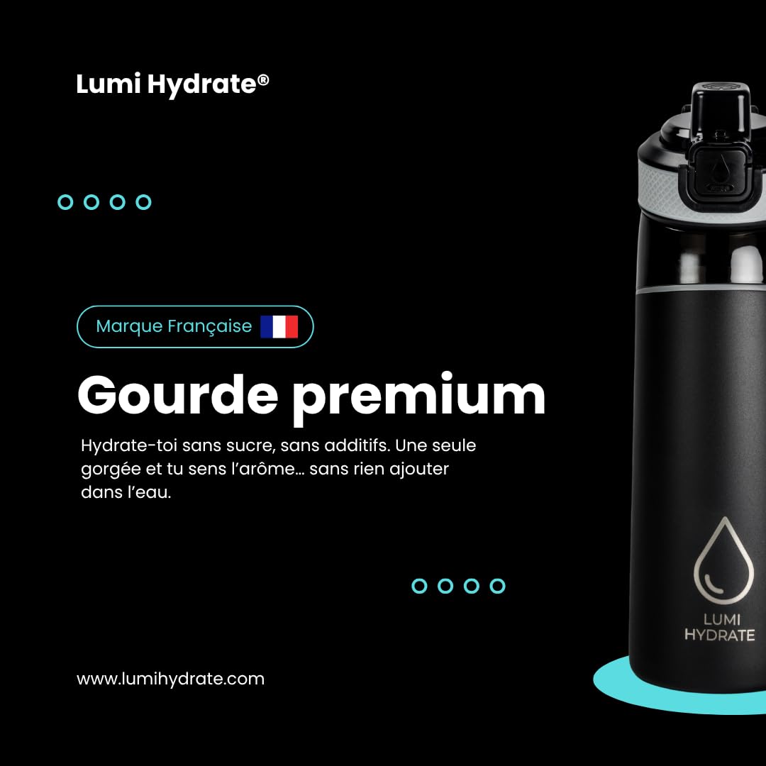 gourde aromatisée - 600 ml en acier inoxydable - bouteille d'eau parfumée - 5 pods aromatiques - arômes 100% naturels - idéal pour sport et quotidien