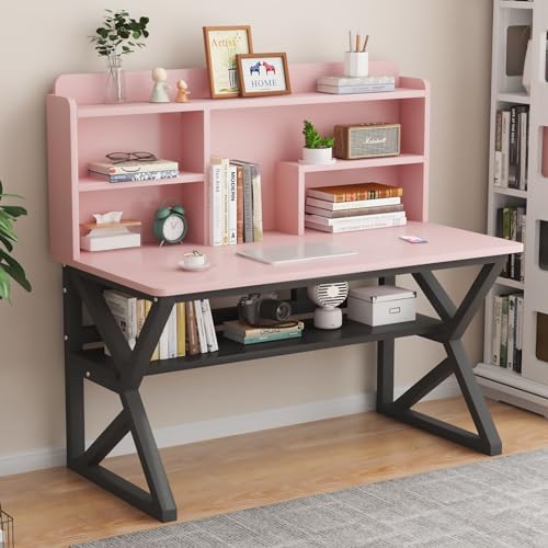 NURUGURE Computertisch mit Aufsatz und Bücherregal, offener Stauraum und Bücherregal unten, Schreibtisch, geräumige Schreibtischregale, Metallbeine, Schreib- und Arbeitstisch