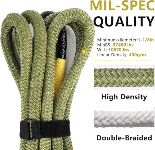 Image of NTR 1 inch x 20' Kinetic Recovery Tow Rope (37,480lbs), with 2 UHMWPE Soft Shackles (40,980lbs), Heavy-Duty Offroad Snatch Strap, Vehicle Recovery kit for Jeep car Truck ATV UTV SUV,Olive