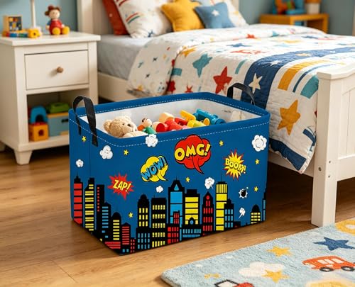 Image of Sanjiaofeng Rectangular Blue City Hero Skyline Basket,Baby Storage Bins with Handles,Comics Hero Kid Basket,Building Silhouettes Storage Bin,Room Decor(Building)